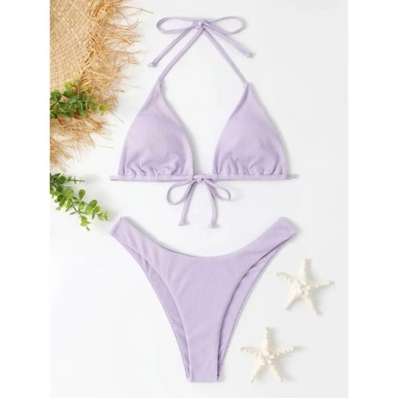 Lavender Ribbed Bikini Two Piece Swimsuit Drawstring Halter Top Cheeky Set - Picture 2 of 7